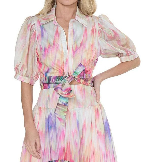 CREAM MULTI WATERCOLOR PRINT TIE FRONT GUNHID TOP