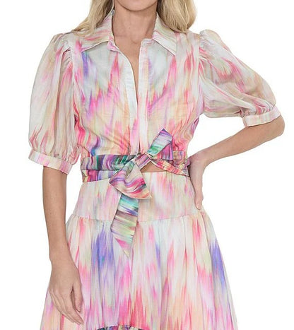 CREAM MULTI WATERCOLOR PRINT TIE FRONT GUNHID TOP