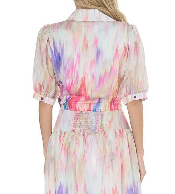 CREAM MULTI WATERCOLOR PRINT TIE FRONT GUNHID TOP