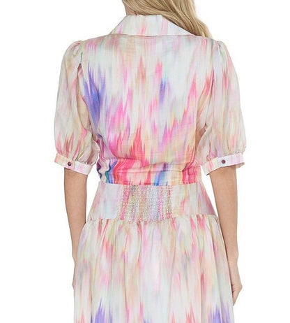 CREAM MULTI WATERCOLOR PRINT TIE FRONT GUNHID TOP