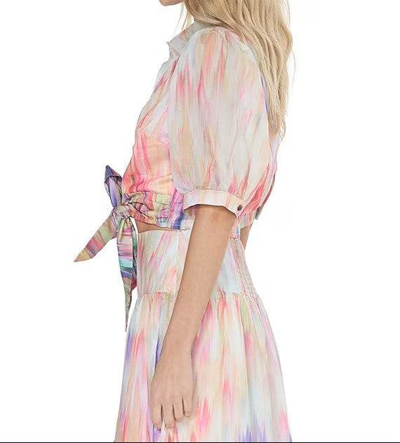 CREAM MULTI WATERCOLOR PRINT TIE FRONT GUNHID TOP