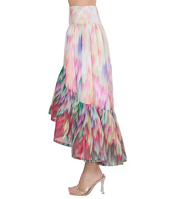 CREAM MULTI WATERCOLOR PRINT HIGH-LOW MAXI AVA SKIRT