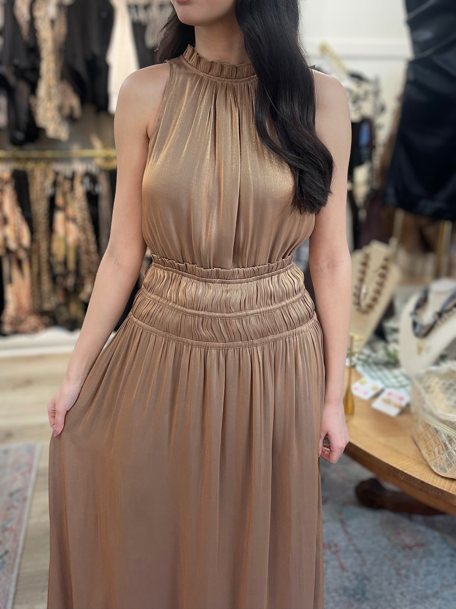 METALLIC GOLD SLEEVELESS SMOCKED WAIST MAXI DRESS