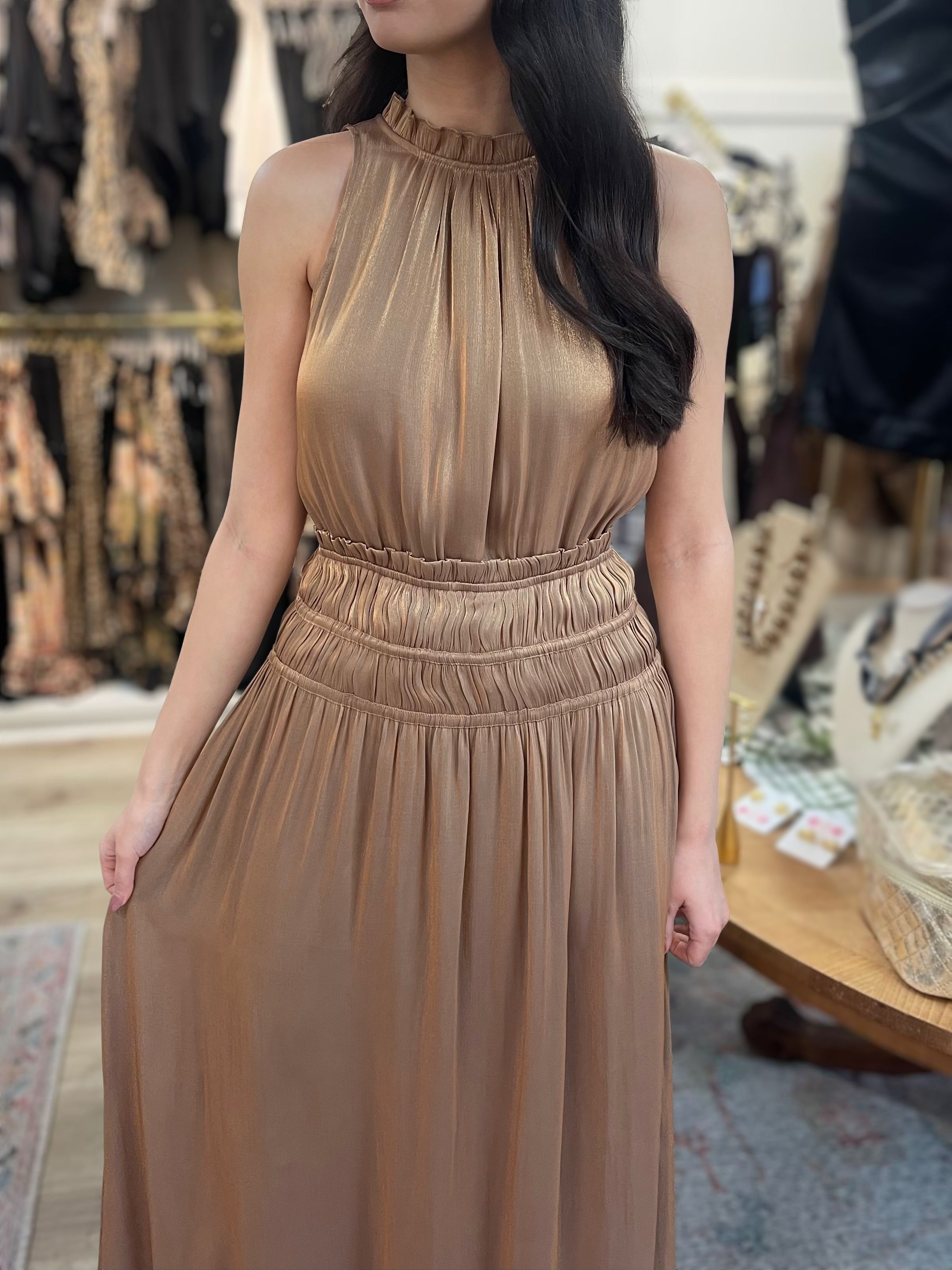 METALLIC GOLD SLEEVELESS SMOCKED WAIST MAXI DRESS