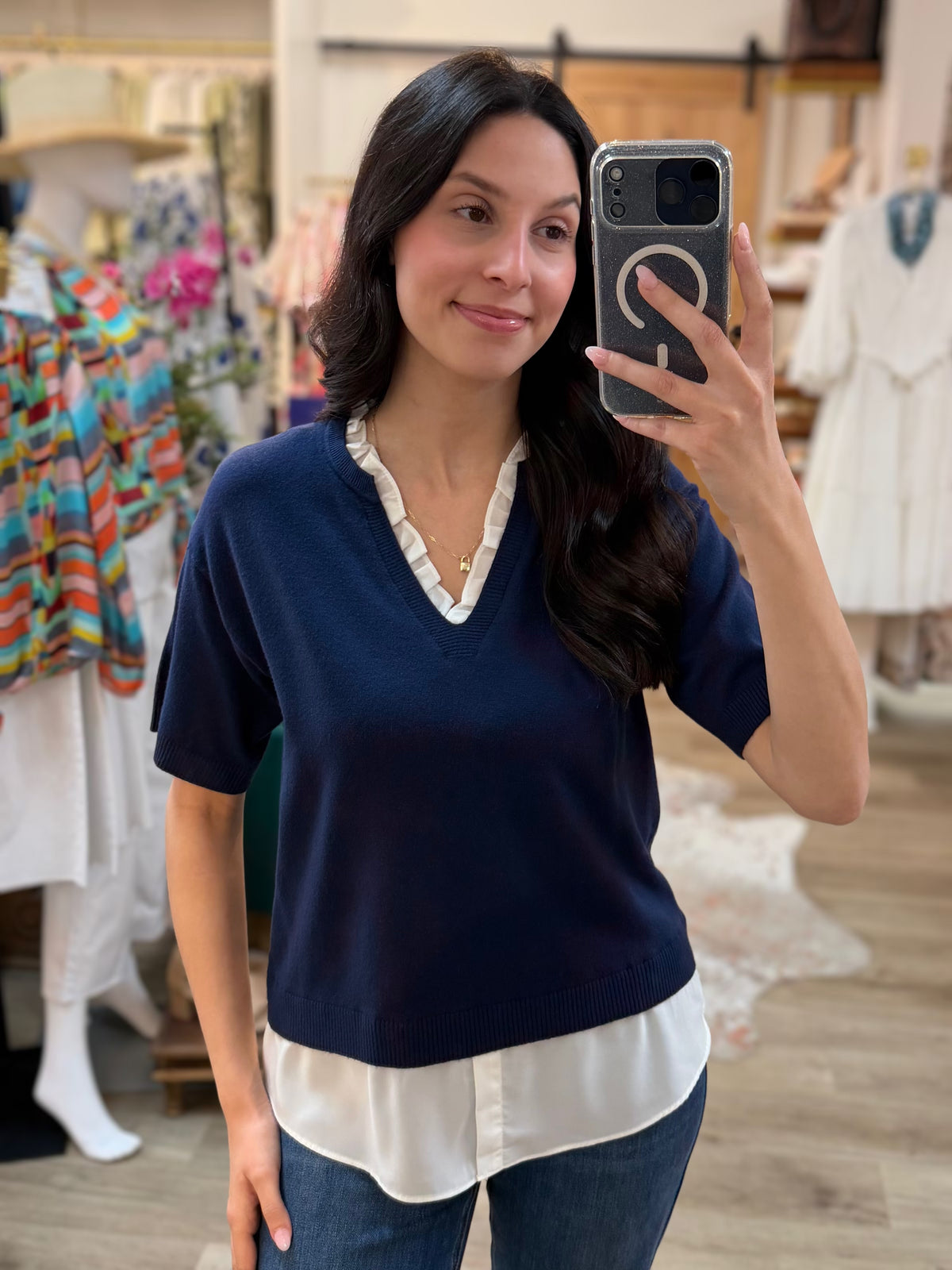 NAVY MIXED MEDIA LAYERED KNIT TOP