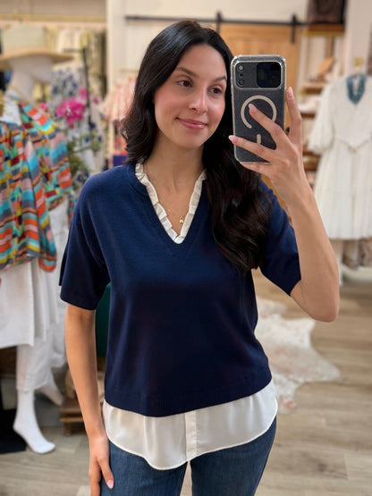NAVY MIXED MEDIA LAYERED KNIT TOP