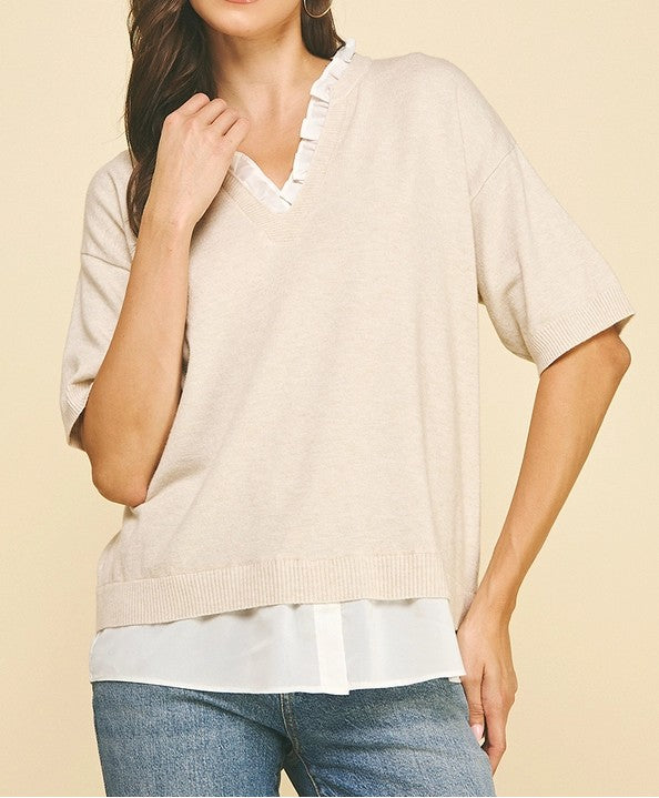 OATMEAL MIXED MEDIA LAYERED KNIT TOP