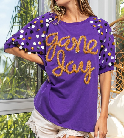 PURPLE METALLIC LETTER GAME DAY RAGLAN PUFF SLEEVE TOP