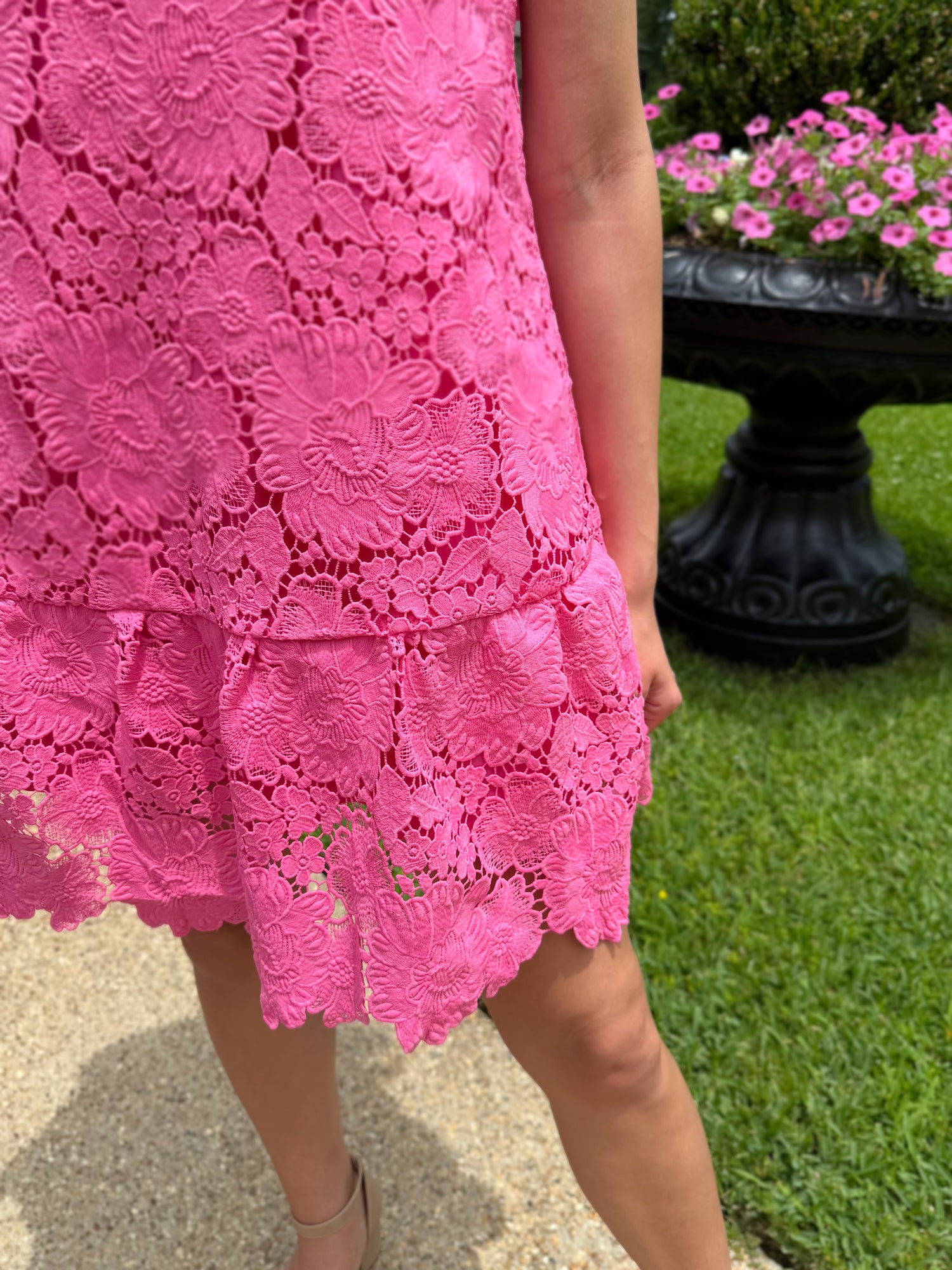 HOT PINK FLORAL EYELET BOW BACK SLEEVELESS MINI DRESS