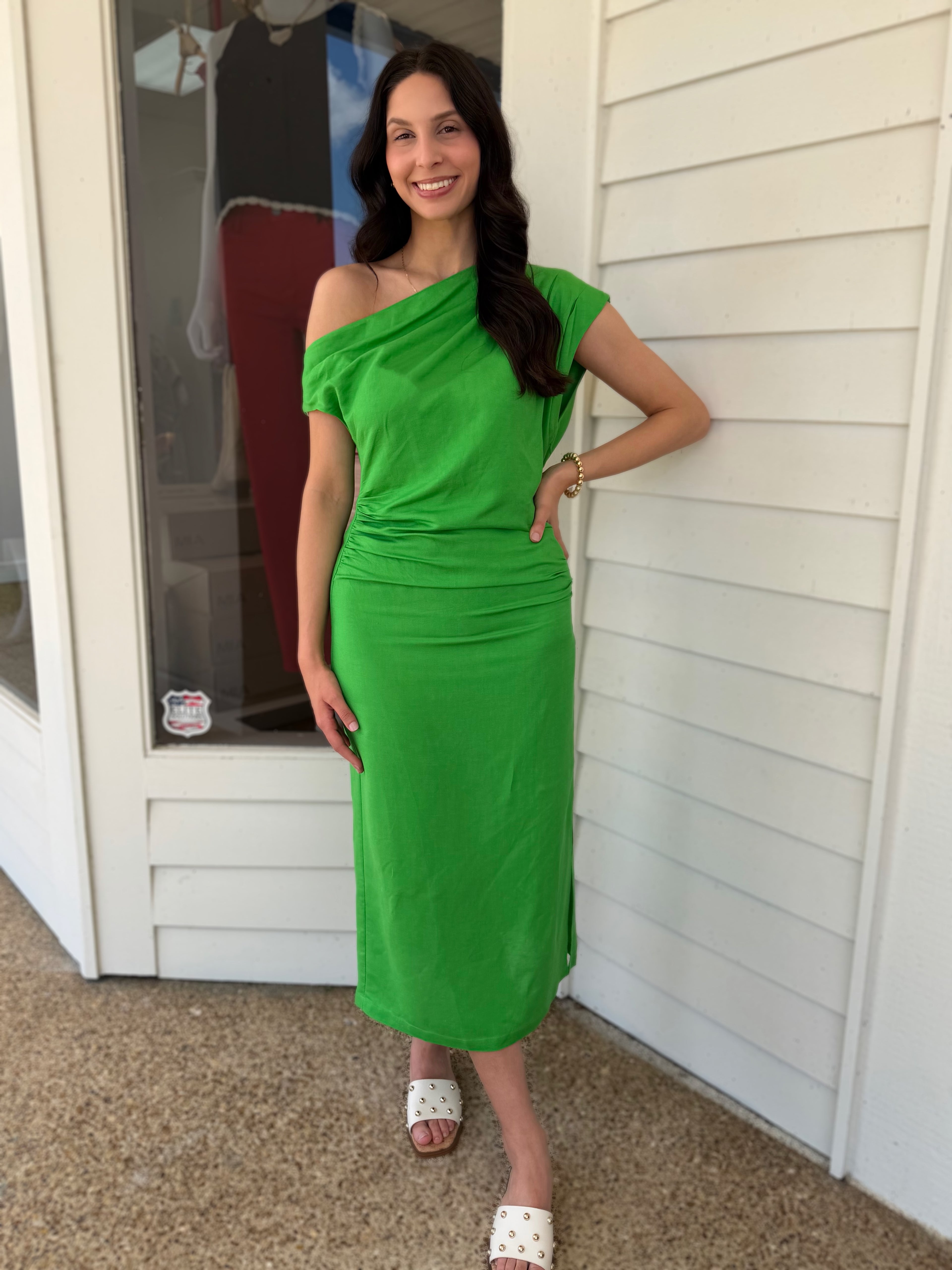 GREEN FITTED ASYMMETRICAL MORERE MIDI DRESS