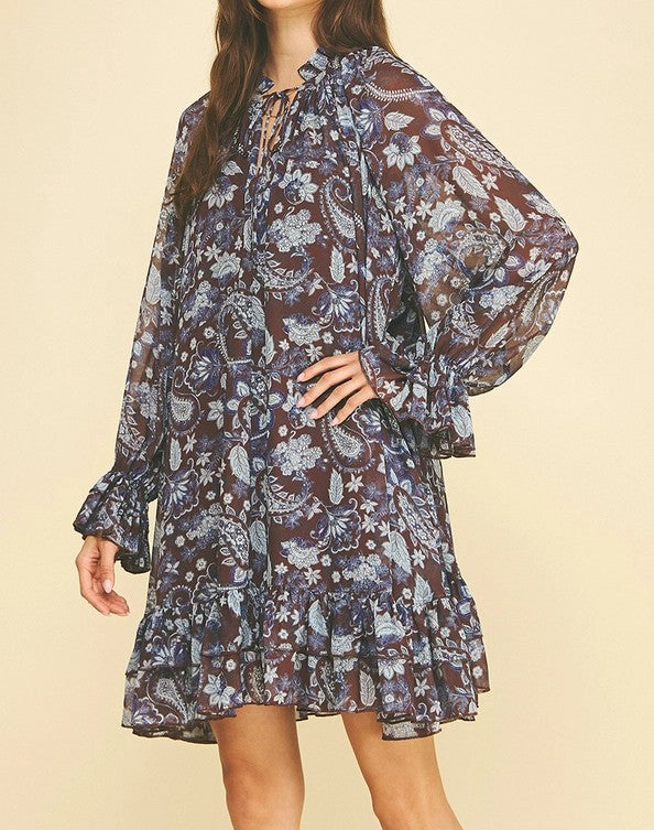 WINE/BROWN FLORAL PRINT LONG SLEEVE RUFFLE TIERED MINI DRESS