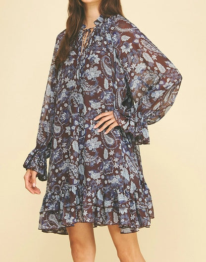 WINE/BROWN FLORAL PRINT LONG SLEEVE RUFFLE TIERED MINI DRESS