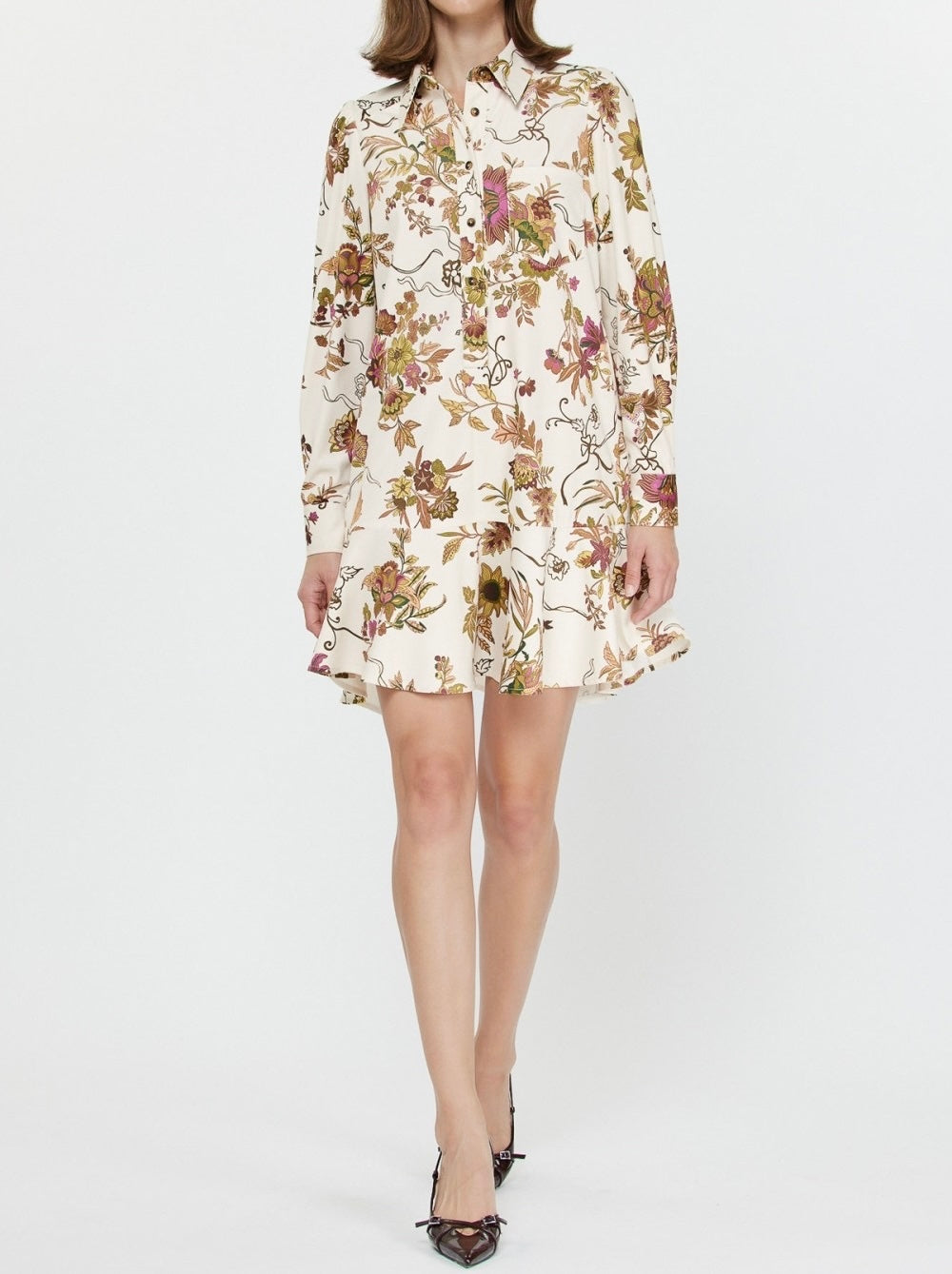 MAUVE MULTI FLORAL PRINT HALF BUTTON LONG SLEEVE FINE WALE CORDUROY MINI DRESS