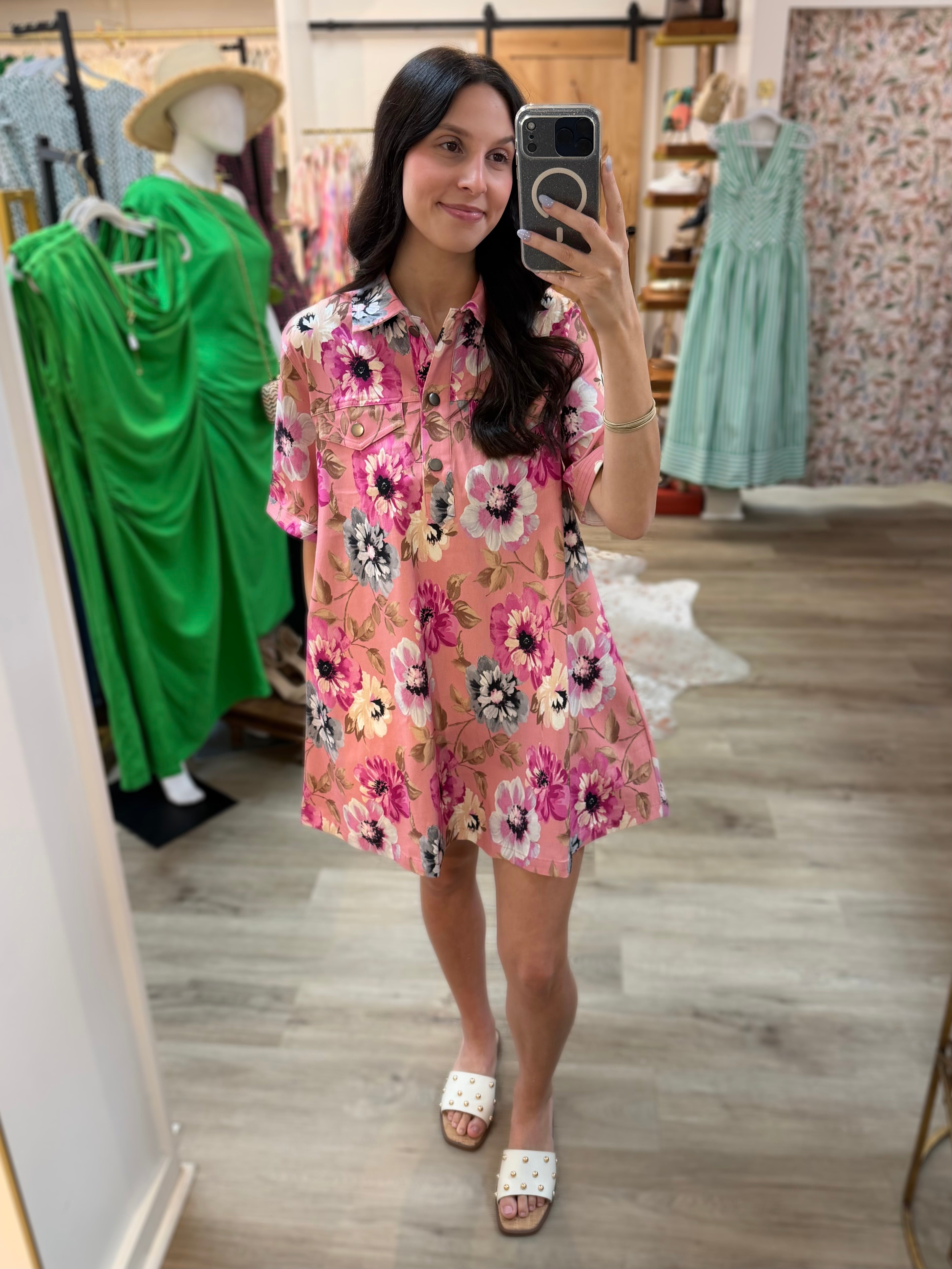 PINK MULTI FLORAL PRINT COLLARED A-LINE SHIRT MINI DRESS