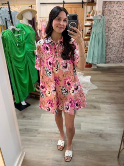 PINK MULTI FLORAL PRINT COLLARED A-LINE SHIRT MINI DRESS
