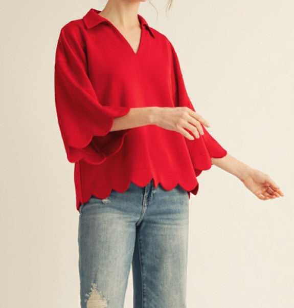 TOMATO RED 3/4 SLEEVE SCALLOP EDGE DETAIL TOP