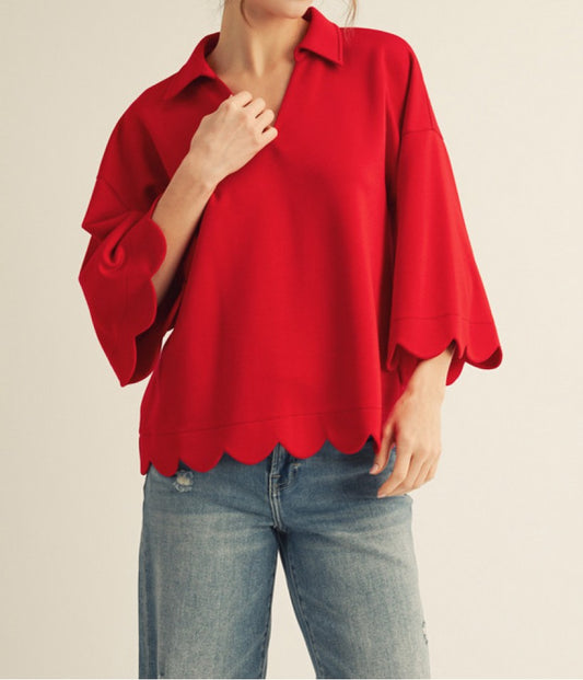TOMATO RED 3/4 SLEEVE SCALLOP EDGE DETAIL TOP