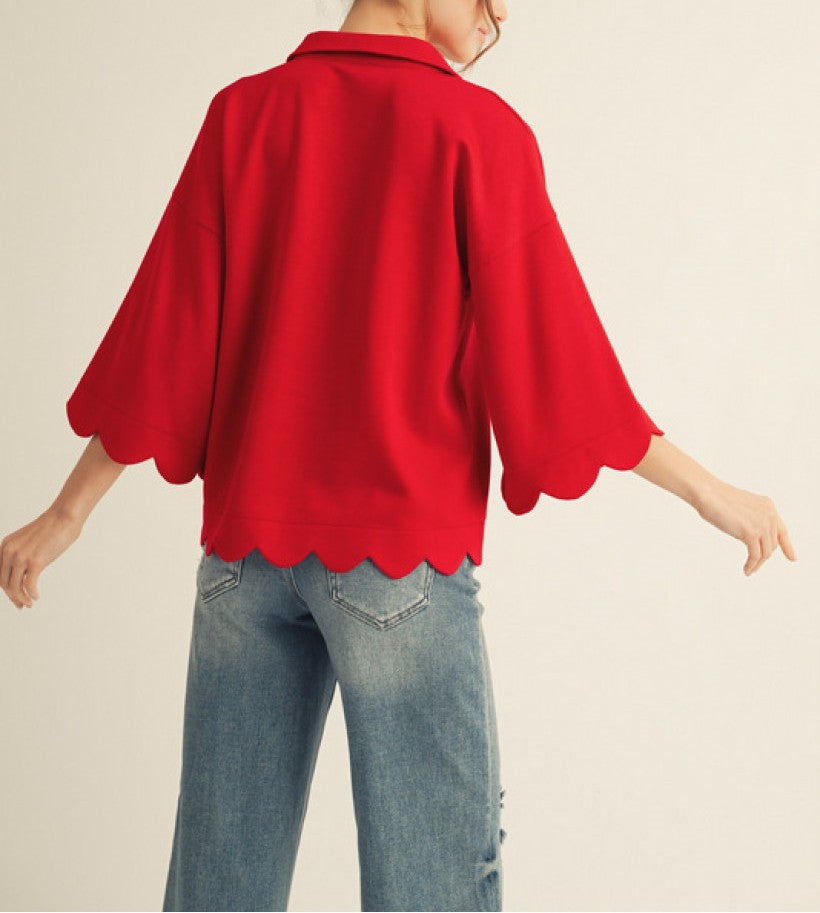 TOMATO RED 3/4 SLEEVE SCALLOP EDGE DETAIL TOP
