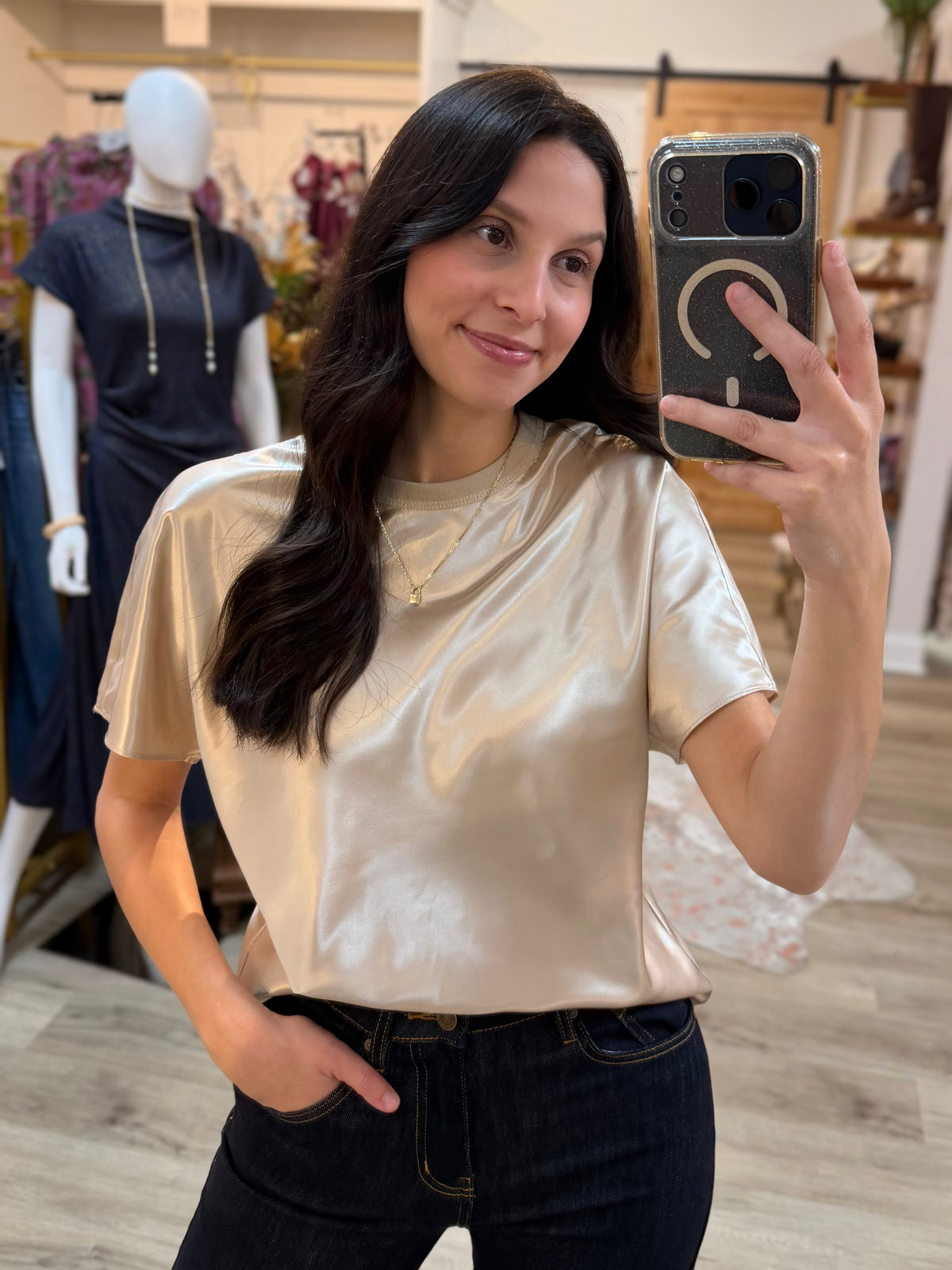 LIGHT TAUPE SATIN CREWNECK SHORT DOLMAN SLEEVE TOP