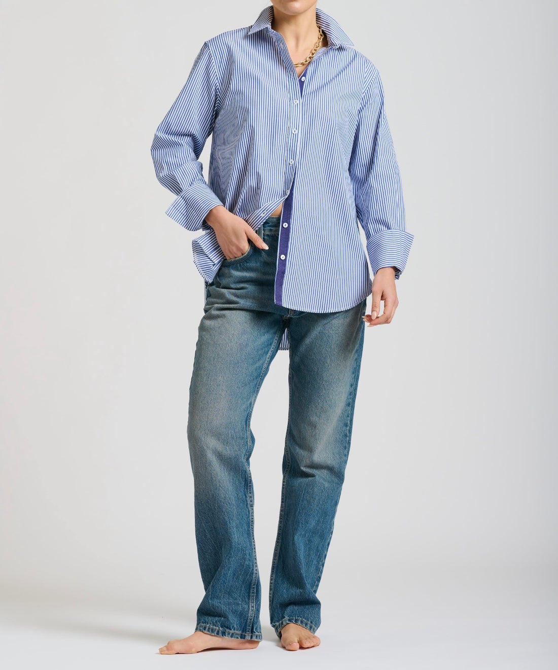 NAVY STRIPE ELODIE TRIM LONG SLEEVE BUTTON UP GIRLFRIEND RELAXED TOP