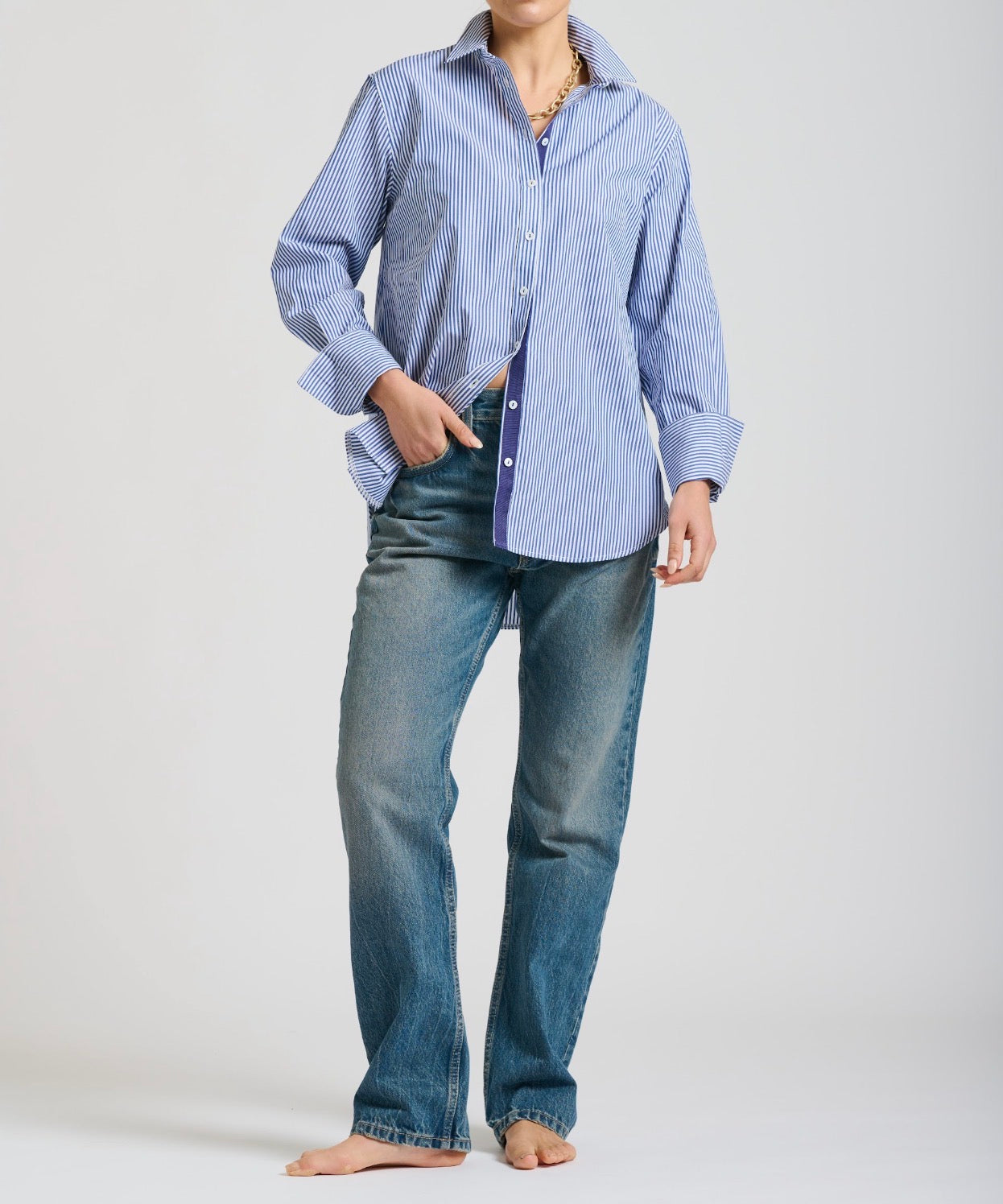 NAVY STRIPE ELODIE TRIM LONG SLEEVE BUTTON UP GIRLFRIEND RELAXED TOP