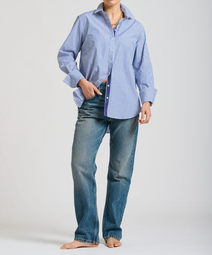 NAVY STRIPE ELODIE TRIM LONG SLEEVE BUTTON UP GIRLFRIEND RELAXED TOP