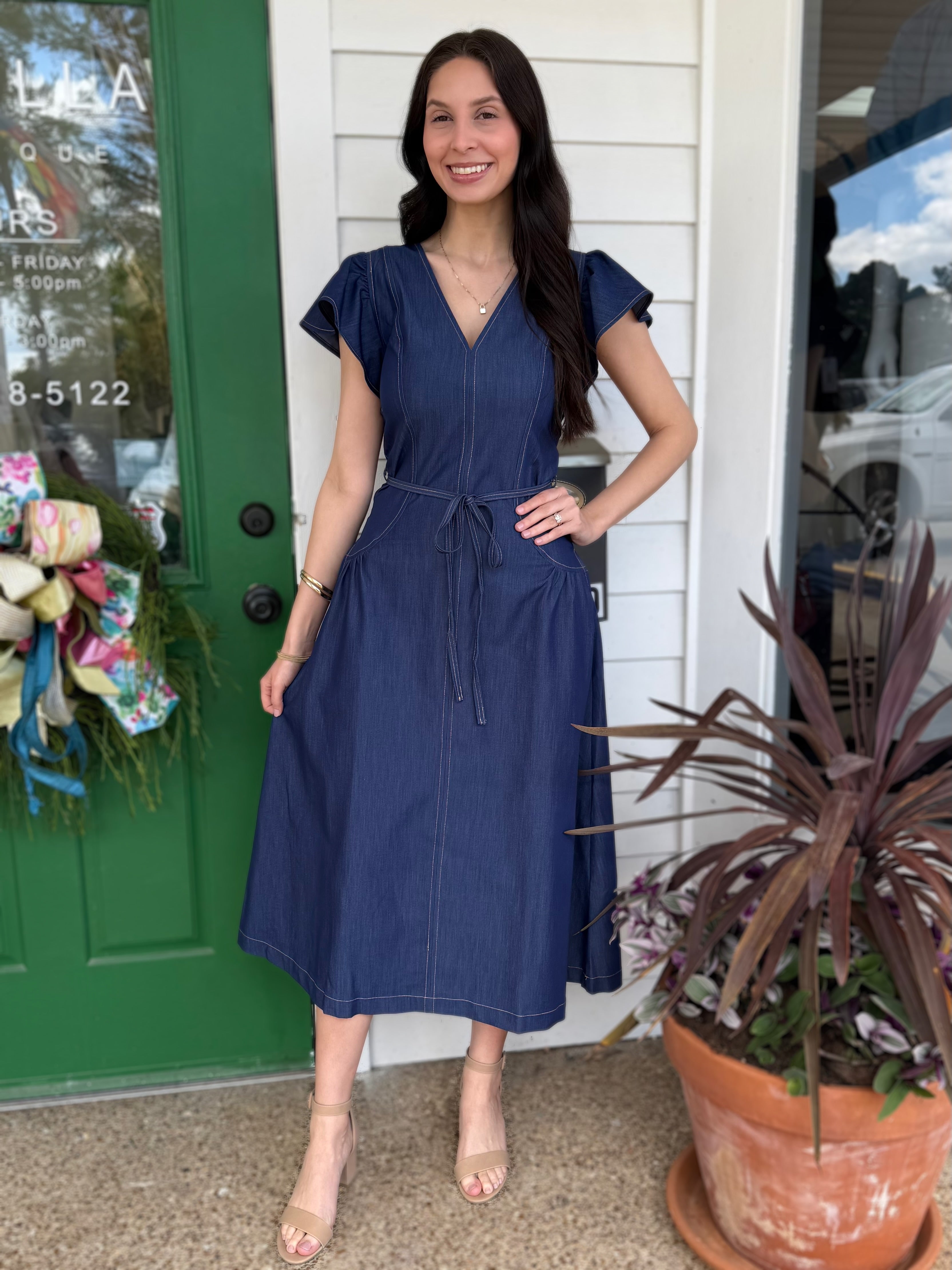 DENIM CONTRAST STITCH SHORT RUFFLE SLEEVE WAIST TIE MIDI DRESS
