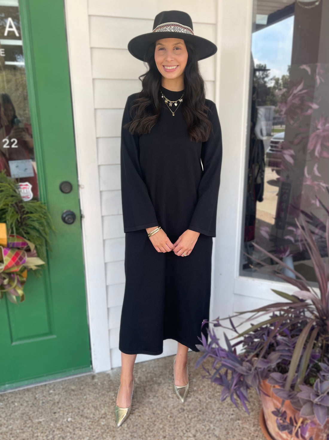 BLACK MOCK NECK LONG SLEEVE KNIT MIDI DRESS