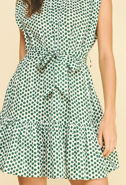 KELLY GREEN &amp; WHITE POLKA DOT TIERED MINI DRESS