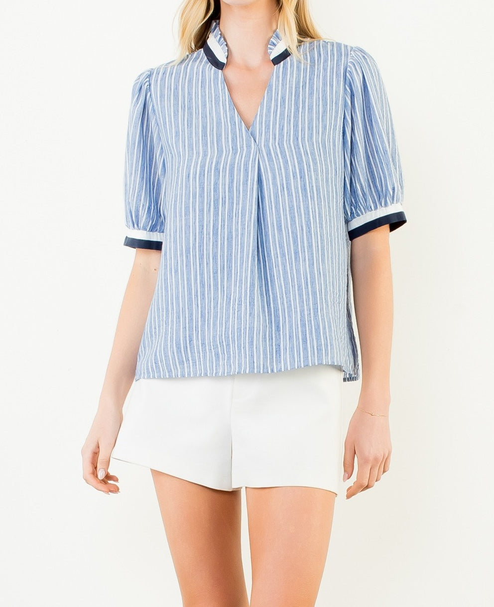 BLUE CONTRAST BANDING STRIPED VNECK SHORT SLEEVE TOP