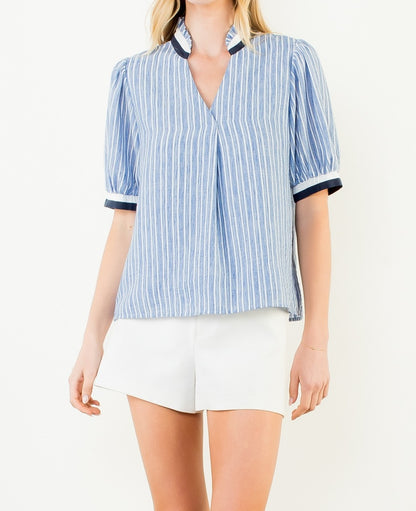 BLUE CONTRAST BANDING STRIPED VNECK SHORT SLEEVE TOP