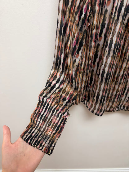 TOASTED AMBER MULTI WATERCOLOR PRINT ELASTIC ROUND NECK LONG SMOCKED CUFF SLEEVE PULLOVER TOP