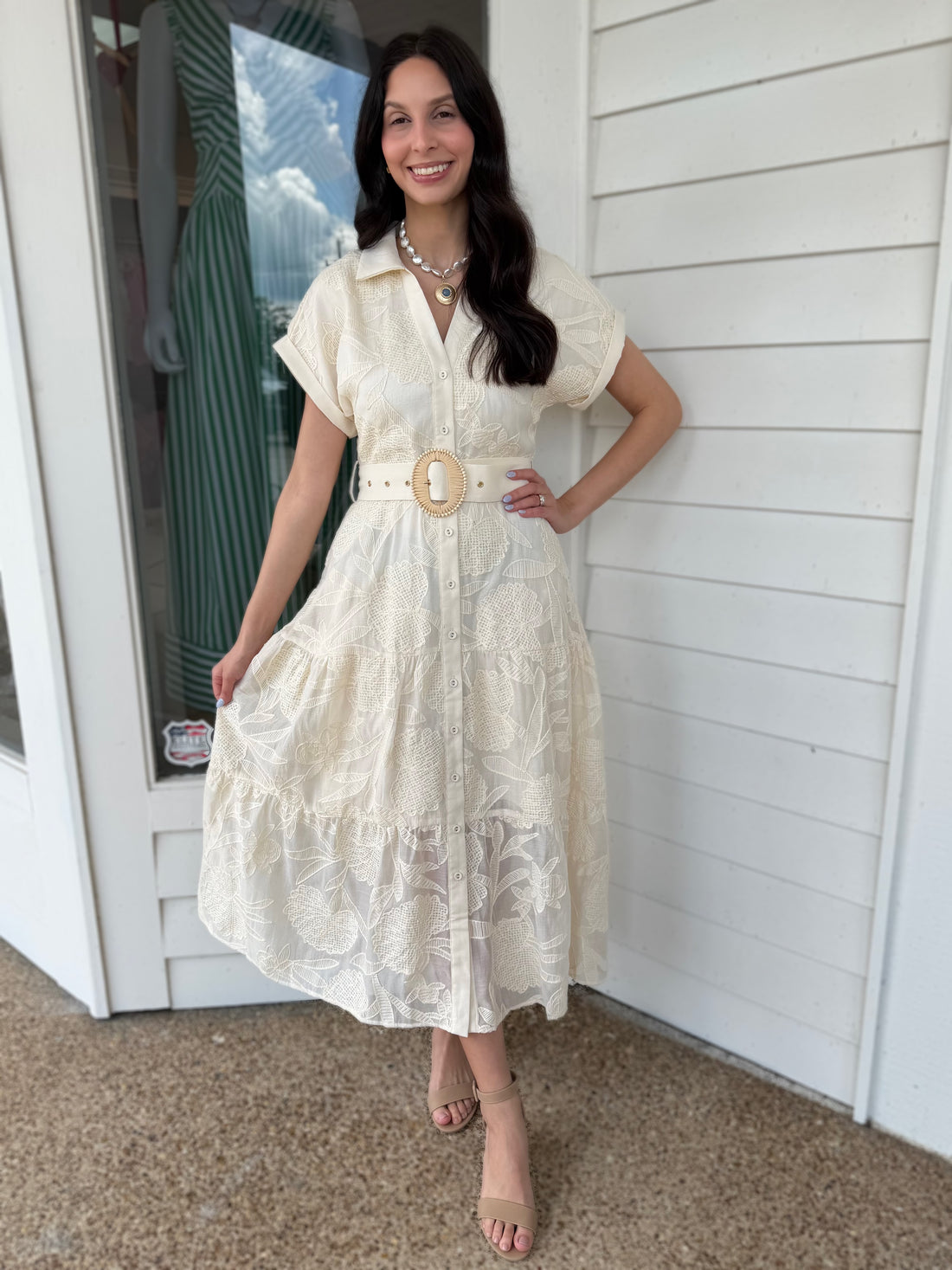 CREAM EMBROIDERED BELTED BUTTON UP SHORT SLEEVE DRESS