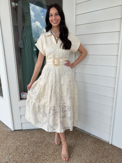 CREAM EMBROIDERED BELTED BUTTON UP SHORT SLEEVE DRESS