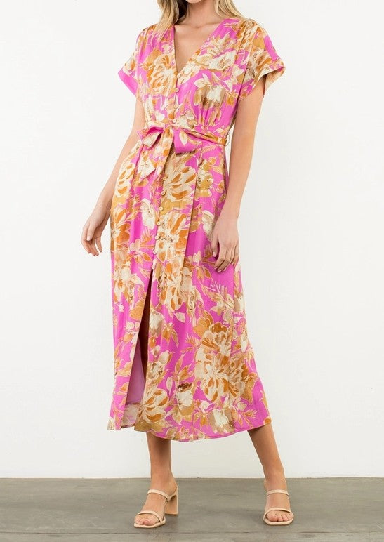 PINK FLORAL PRINT BUTTON UP SHORT SLEEVE MAXI DRESS