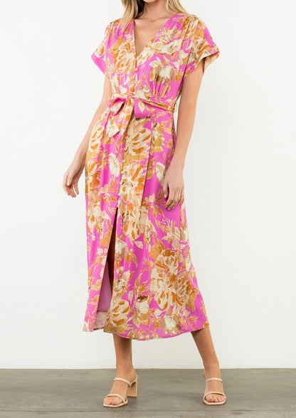 PINK FLORAL PRINT BUTTON UP SHORT SLEEVE MAXI DRESS