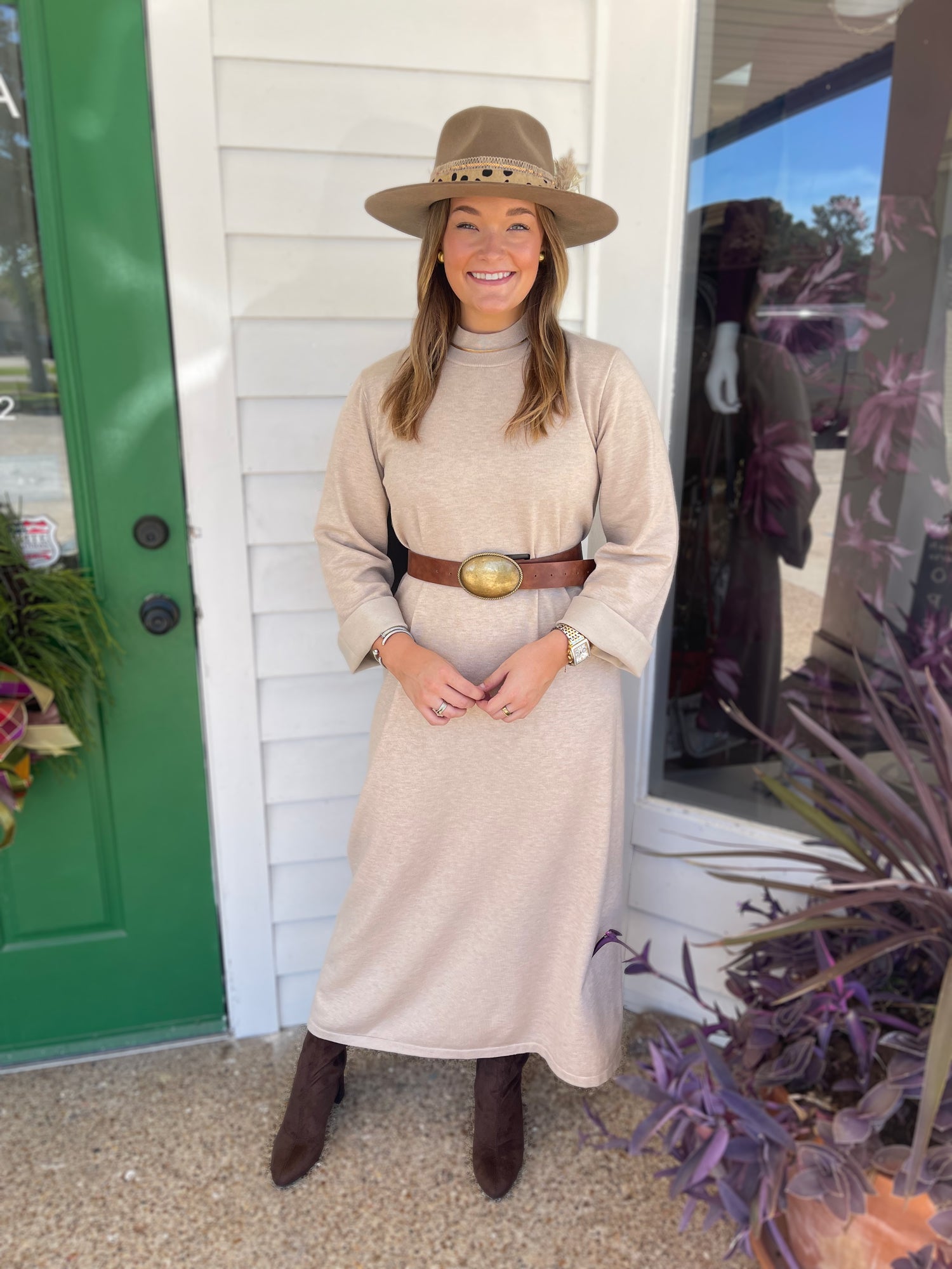 SAND MOCK NECK LONG SLEEVE KNIT MIDI DRESS