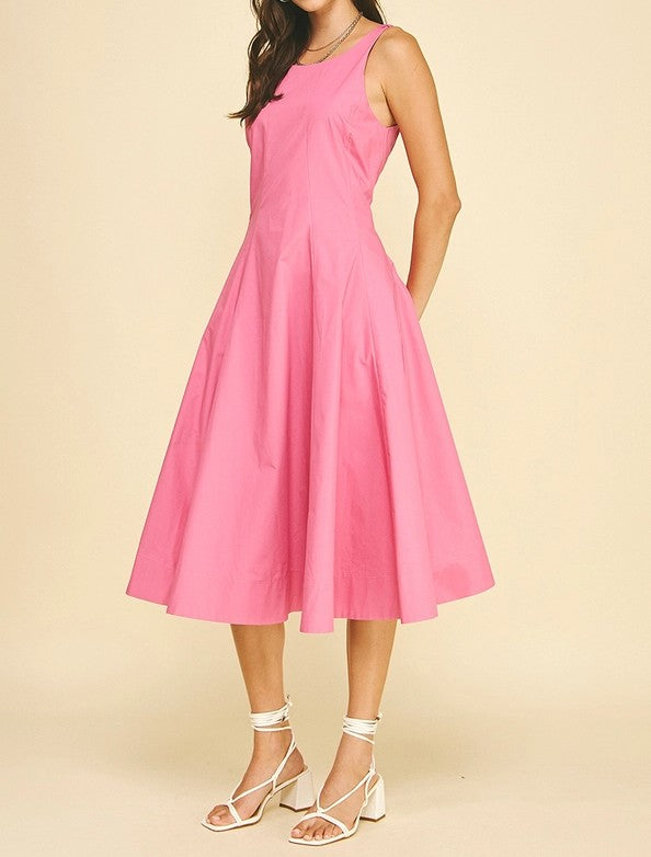 DUSTY PINK FITTED BODICE FLARED SLEEVELESS MIDI DRESS