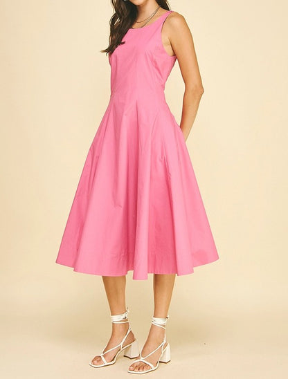 DUSTY PINK FITTED BODICE FLARED SLEEVELESS MIDI DRESS