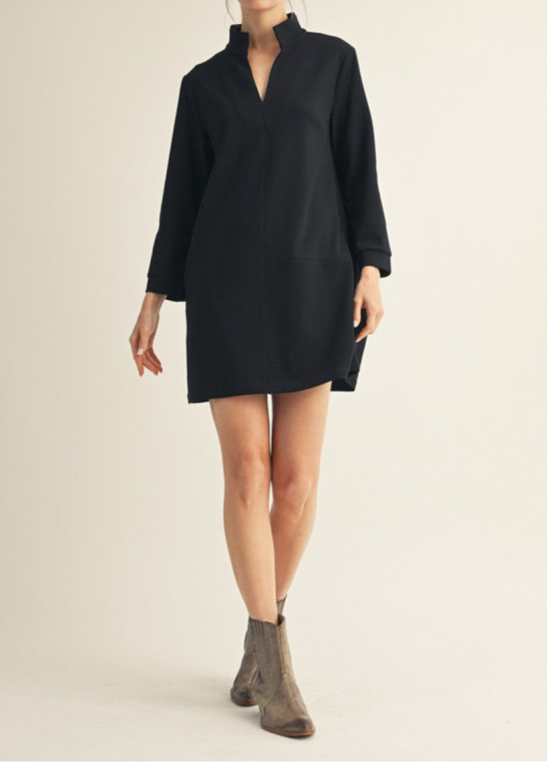 BLACK STAND-UP COLLAR SHIFT MINI DRESS