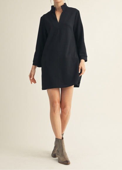 BLACK STAND-UP COLLAR SHIFT MINI DRESS