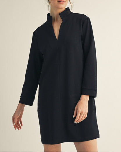 BLACK STAND-UP COLLAR SHIFT MINI DRESS