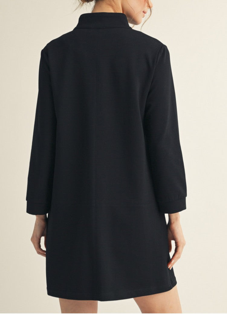 BLACK STAND-UP COLLAR SHIFT MINI DRESS