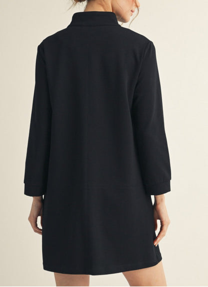 BLACK STAND-UP COLLAR SHIFT MINI DRESS