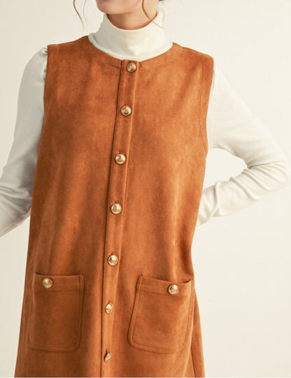 CAMEL SUEDE SLEEVELESS BUTTON UP SHIFT MINI DRESS