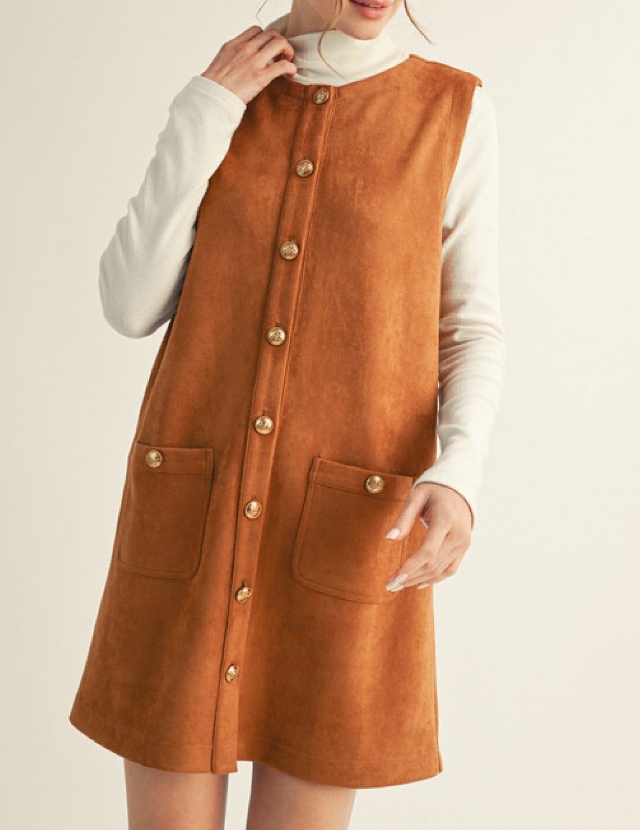 CAMEL SUEDE SLEEVELESS BUTTON UP SHIFT MINI DRESS