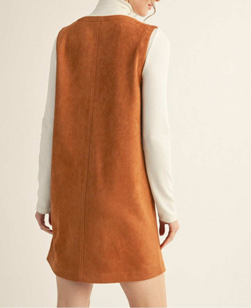 CAMEL SUEDE SLEEVELESS BUTTON UP SHIFT MINI DRESS