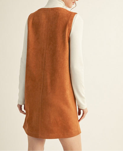 CAMEL SUEDE SLEEVELESS BUTTON UP SHIFT MINI DRESS