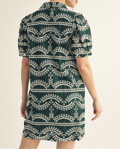 HUNTER GREEN EMBROIDERED GEOMETRIC PRINT PUFF SLEEVE MINI DRESS