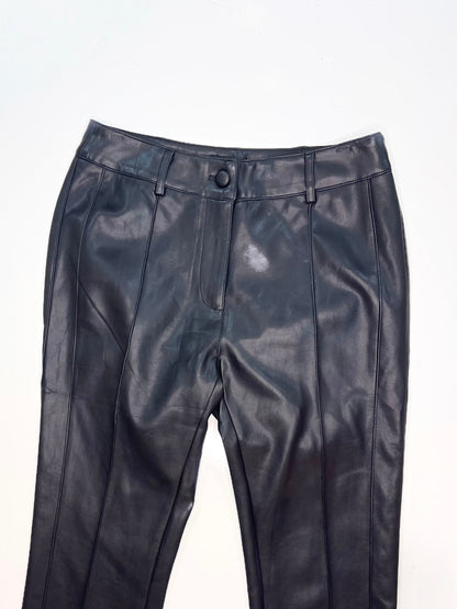 BLACK FAUX LEATHER PINTUCK FLARE PANTS